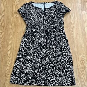 Talbots Black and Cream Leopard Midi Dress with Drawstring Waist